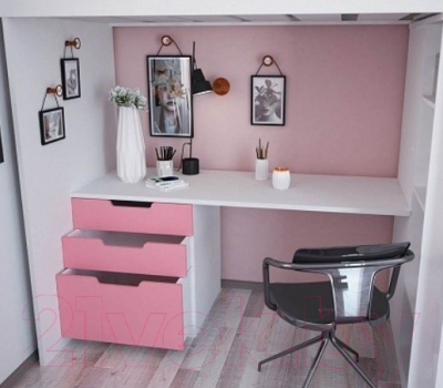 Кровать-чердак Polini Kids Simple с письменным столом и шкафом (белый/розовый)