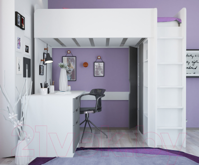 Кровать-чердак Polini Kids Simple с письменным столом и шкафом (белый/серый)