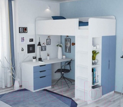 Кровать-чердак Polini Kids Simple с письменным столом и шкафом (белый/синий)