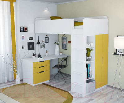 Кровать-чердак Polini Kids Simple с письменным столом и шкафом (белый/желтый)