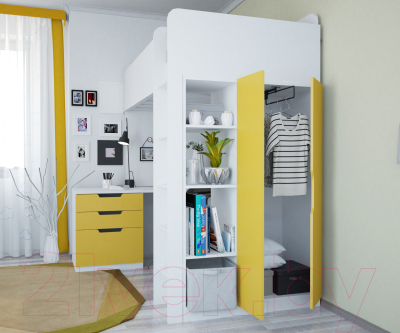 Кровать-чердак Polini Kids Simple с письменным столом и шкафом (белый/желтый)