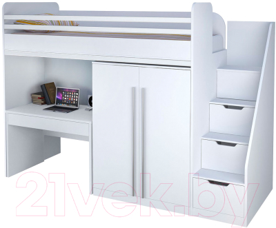 Кровать-чердак Polini Kids City (белый) - компоновка со столом, шкафом и лестницей из коллекции
