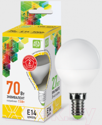 Изображение товара Лампа ASD LED Шар Standard 7.5Вт 230В Е14 3000К 675Лм