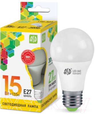 Лампа ASD LED A60 Standard 15Вт 230В Е27 3000К 1350Лм