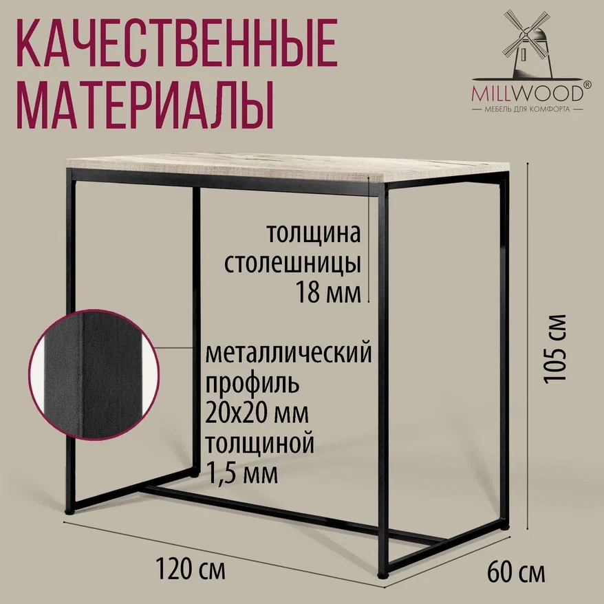 Барный стол Millwood Сидней 2 Л 120x60x105 (дуб белый Craft/металл черный)