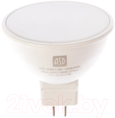 

Лампа ASD, LED JCDR Standard 7.5Вт 230В GU5.3 4000К 675Лм