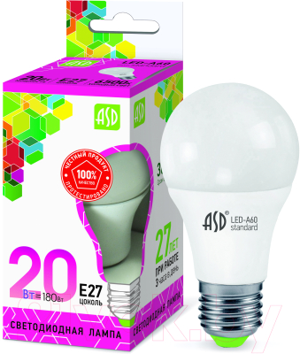 Лампа ASD LED A60 Standard 20Вт 230В Е27 6500К 1800Лм