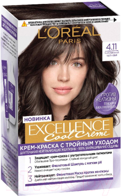

Крем-краска для волос L'Oreal Paris, Шатен, Color Excellence Cool Creme 4.11