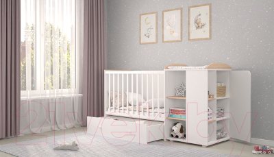 Детская кровать-трансформер Polini Kids Ameli 800 с комодом / 0002278.62 (белый/дуб пастельный)