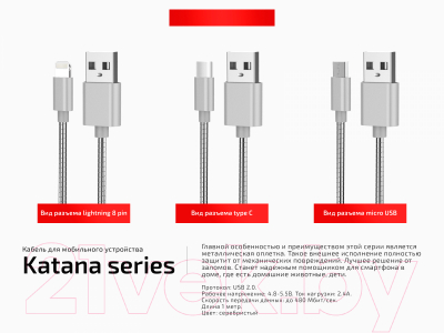 Кабель Akami Katana Series Micro USB (серебристый)