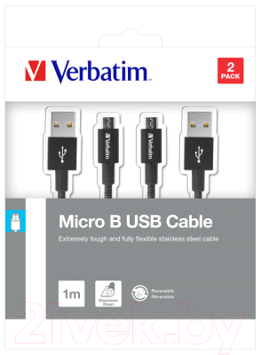 Кабель Verbatim USB A - Micro USB B / 48874 (2шт, 1м, черный)