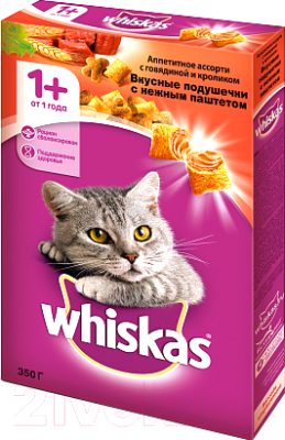 Сухой корм для кошек Whiskas Вкусные подушечки с нежным паштетом с говядиной и кроликом (350г)