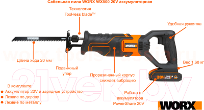Сабельная пила Worx WX500.9