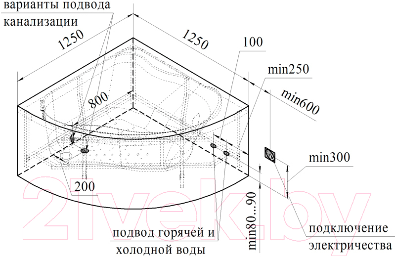 Ванна акриловая Vannesa Альтея 125x125 / 2-77-2-0-0-219 (с гидромассажем Актив хром)