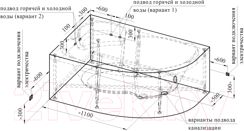 Ванна акриловая Vannesa Ирма 160x105 L / 2-75-2-1-0-229 (с гидромассажем Классик хром)