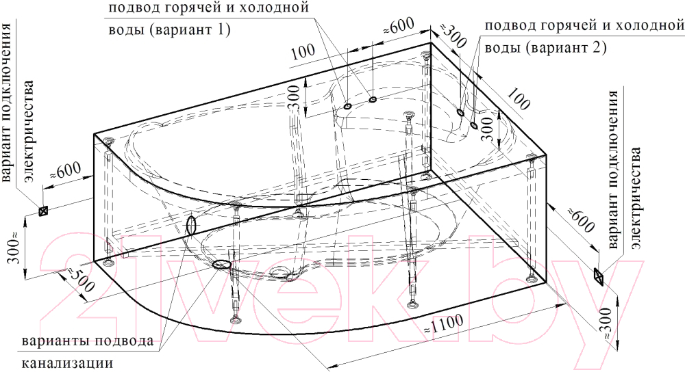 Ванна акриловая Vannesa Ирма 160x105 R / 2-75-2-2-0-229 (с гидромассажем Классик хром)