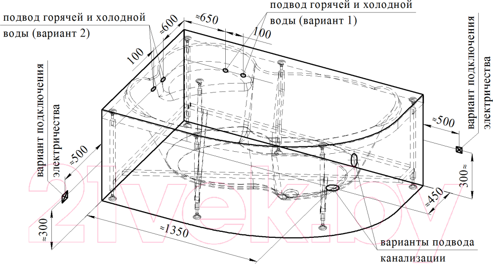 Ванна акриловая Vannesa Ирма 169x110 L / 2-75-2-1-9-217 (с гидромассажем Классик хром)