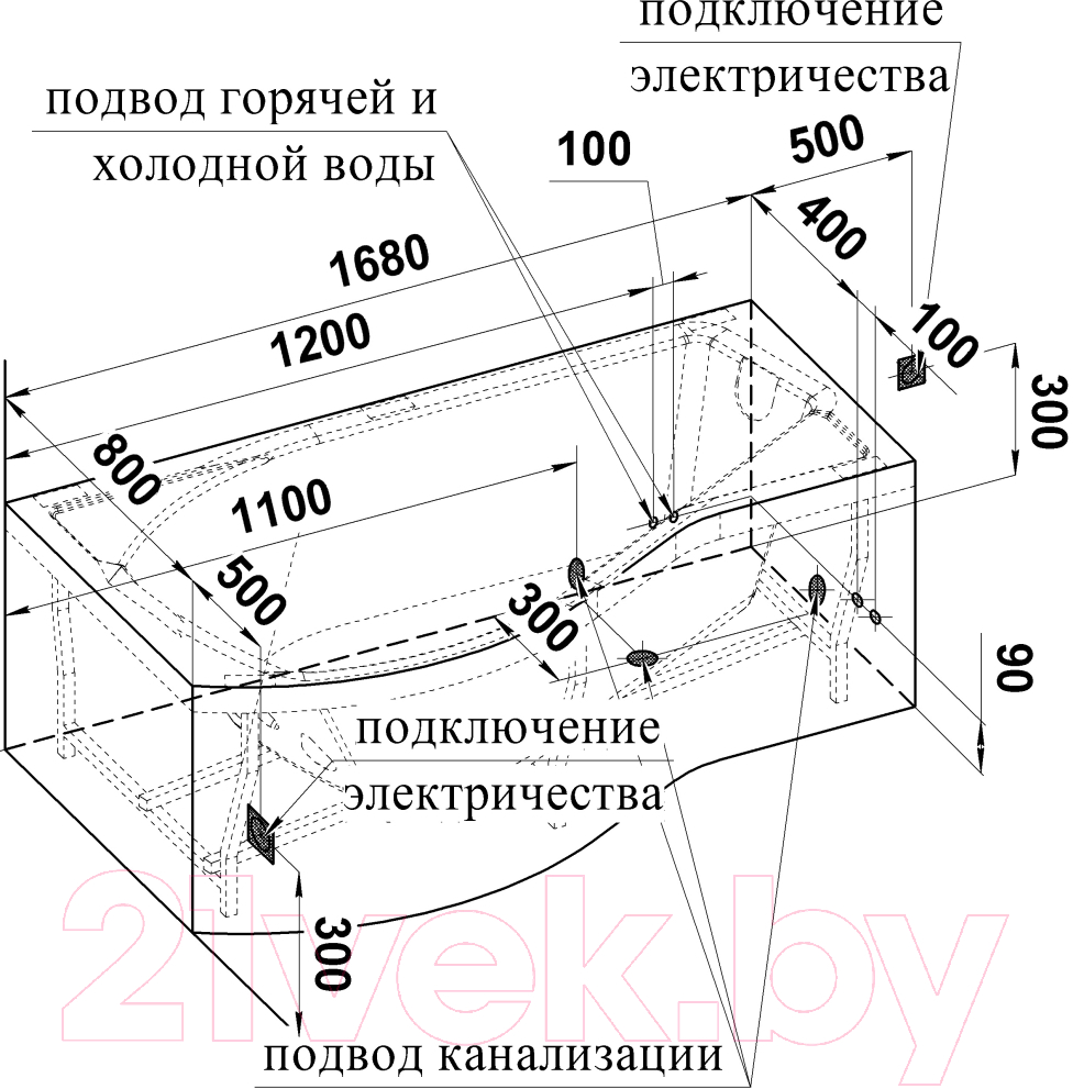 Ванна акриловая Vannesa Миранда 168x95 L / 2-77-2-1-0-209 (с гидромассажем Актив хром)