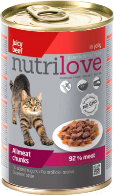 Влажный корм для кошек Nutrilove Chunks Cat beef in jelly (415г)