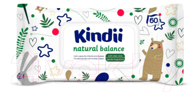 Влажные салфетки детские Kindii Natural Balance с экстрактом алоэ вера и аллантоином (60шт)