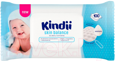 Влажные салфетки детские Kindii Skin Balance с миндальным маслом и витамином Е (клапан, 100шт)