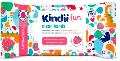 Влажные салфетки детские Kindii Fun Clean Hands с антибактериальной жидкостью, малина (60шт)