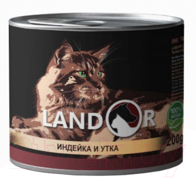 Влажный корм для кошек Landor Для взрослых кошек индейка с уткой / 4250015 (200г)