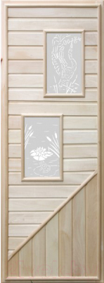 Деревянная дверь для бани Doorwood C двумя прямоугольными вставками 185x75 (с сюжетом)