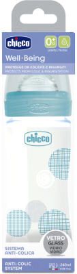 Бутылочка для кормления Chicco Well-Being Glass Boy с силиконовой соской / 00028721200000 (240мл)