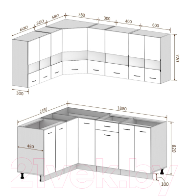 Готовая кухня Кортекс-мебель Корнелия Экстра 1.5x1.9 без столешницы (белый/береза)