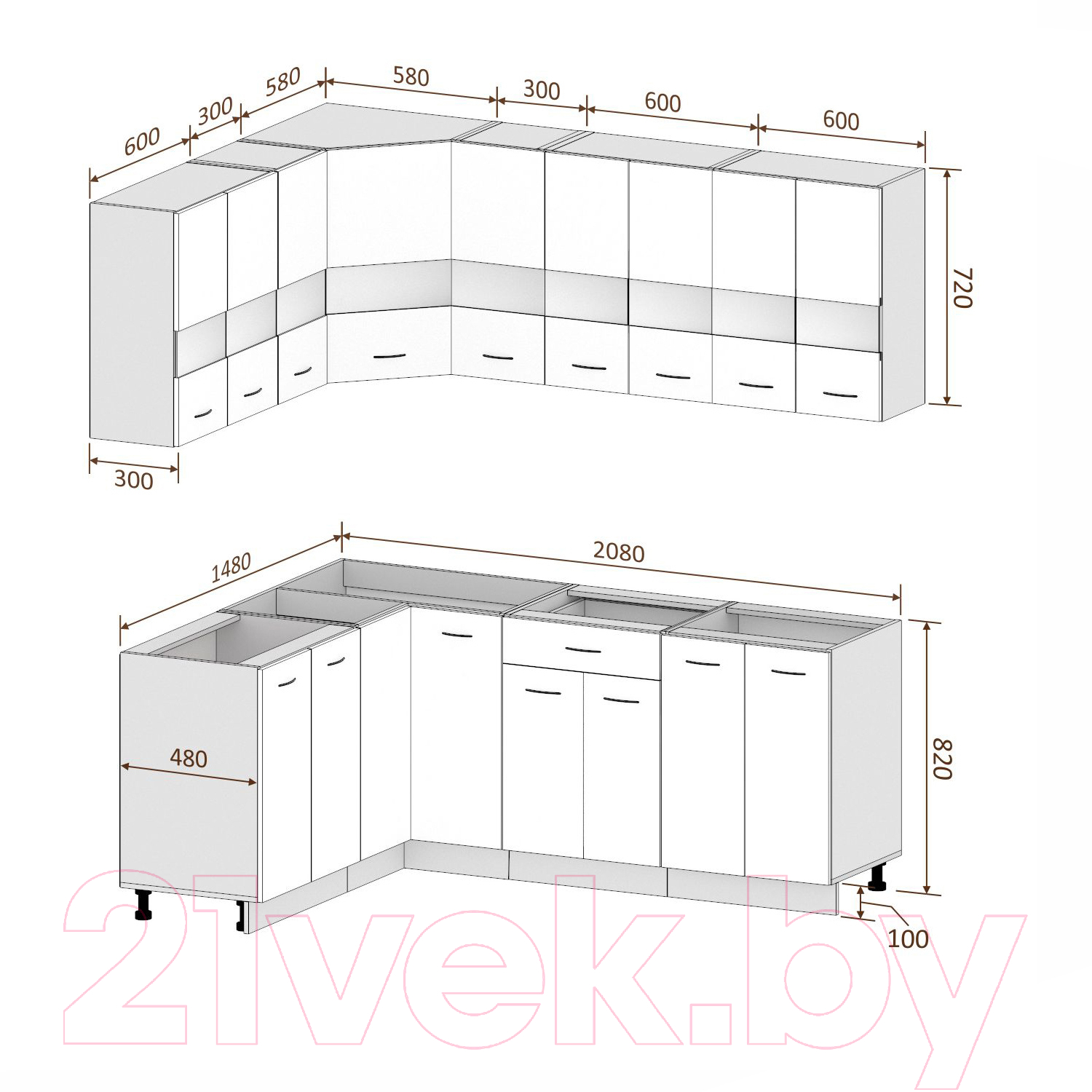 Готовая кухня Кортекс-мебель Корнелия Экстра 1.5x2.1 без столешницы (белый/береза)