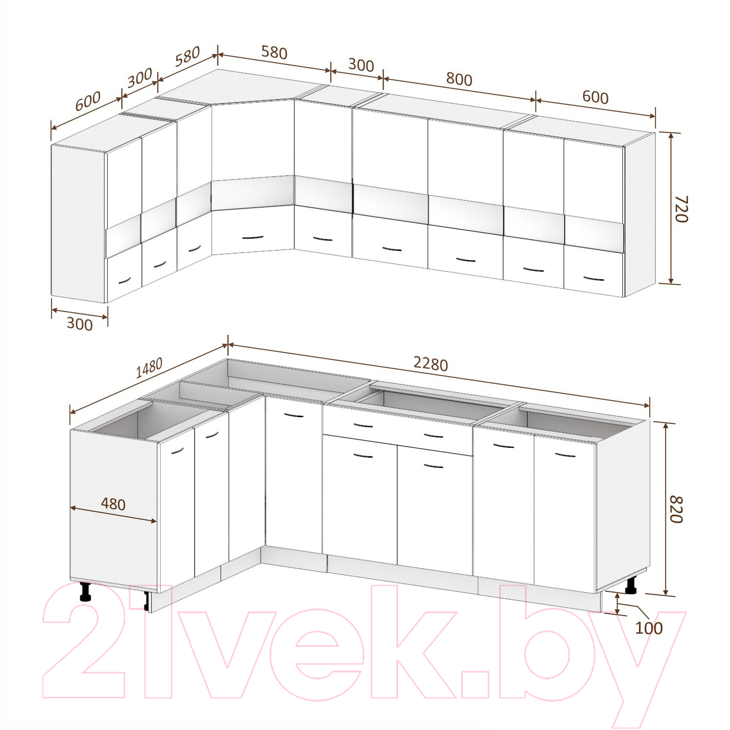 Готовая кухня Кортекс-мебель Корнелия Экстра 1.5x2.3 без столешницы (белый/береза)