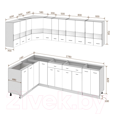 Готовая кухня Кортекс-мебель Корнелия Экстра 1.5x2.8 без столешницы (белый/береза)