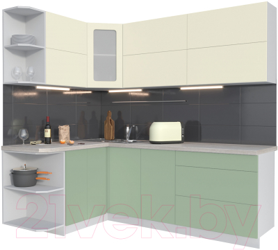 Кухонный гарнитур Интерлиния Мила Матте 1.5x2.2 А левая (слоновая кость/мята/травертин серый)