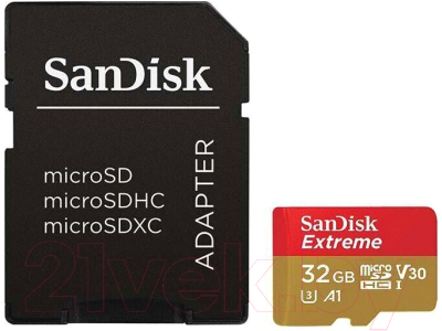 

Карта памяти SanDisk, Extreme MicroSDHC 32GB + адаптер (SDSQXAF-032G-GN6AA)