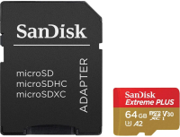 

Карта памяти SanDisk, Extreme Plus MicroSDXC 64GB + адаптер (SDSQXBZ-064G-GN6MA)