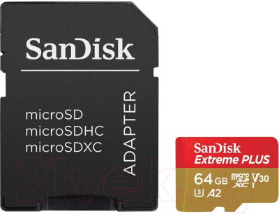 

Карта памяти SanDisk, Extreme Plus MicroSDXC 64GB + адаптер (SDSQXBZ-064G-GN6MA)