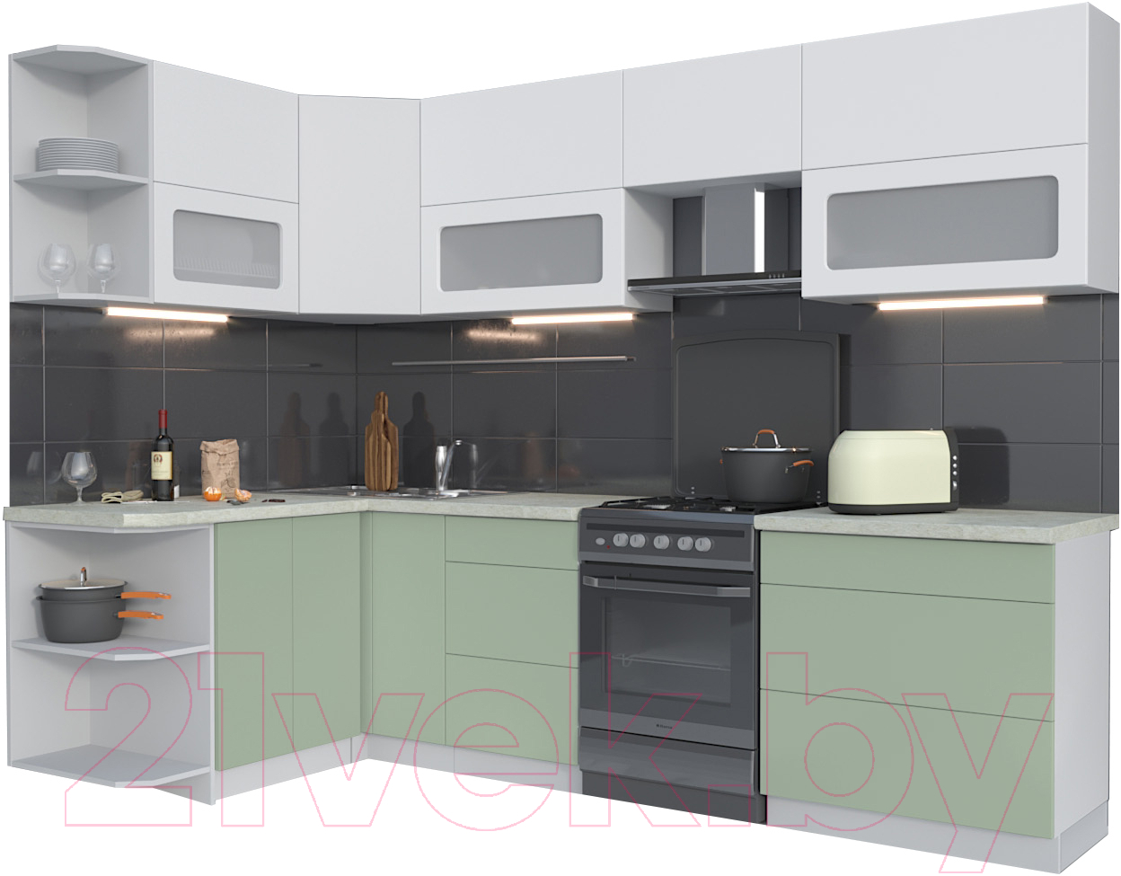 Готовая кухня Интерлиния Мила Матте 1.5x2.8 Б левая (белый/мята/опал светлый)