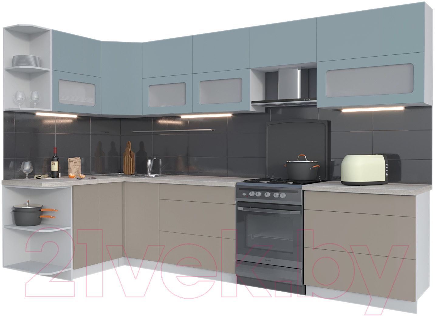 Готовая кухня Интерлиния Мила Матте 1.5x3.2 Б левая (океан/луна/травертин серый)