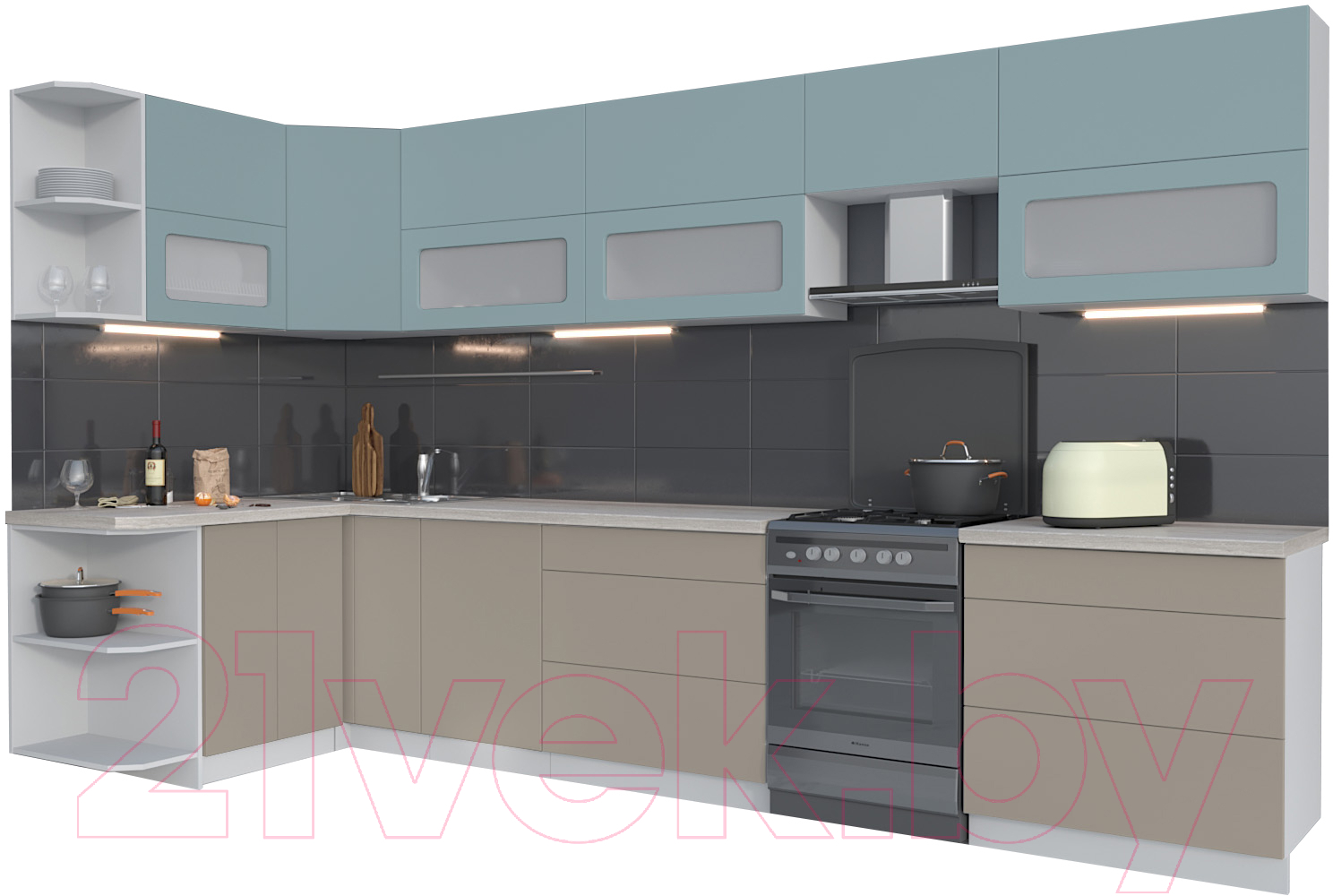 Готовая кухня Интерлиния Мила Матте 1.5x3.6 Б (океан/луна/травертин серый)