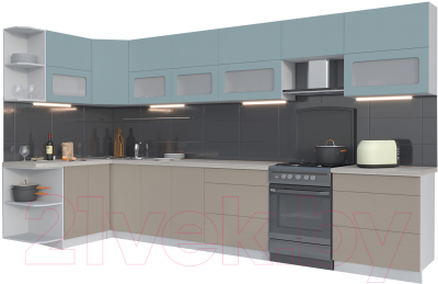 Готовая кухня Интерлиния Мила Матте 1.5x3.8 Б левая (океан/луна/травертин серый)
