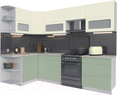 Кухонный гарнитур Интерлиния Мила Матте 1.5x2.7 Б левая (слоновая кость/мята/травертин серый)