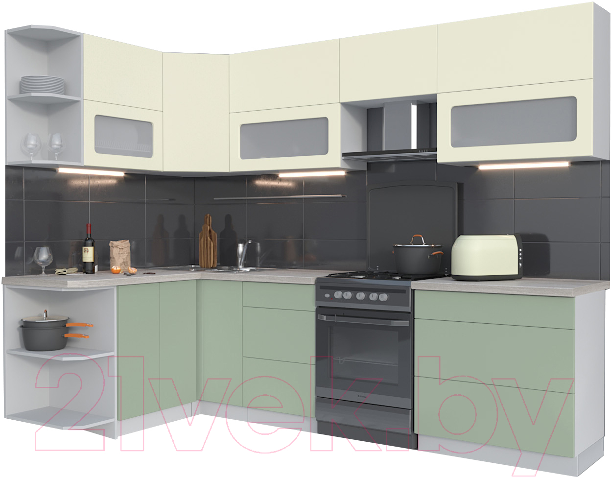 Готовая кухня Интерлиния Мила Матте 1.5x2.8 Б левая (слоновая кость/мята/травертин серый)