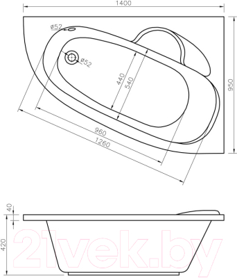 Ванна акриловая Lavinia Boho Bell Pro 140x95 L / 370214PL (с подголовником)