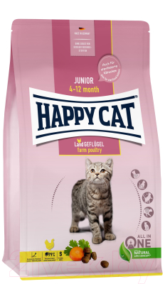 Сухой корм для кошек Happy Cat Junior 4-12 Month Land Geflugel птица, без злаков / 70539 (1.3кг)