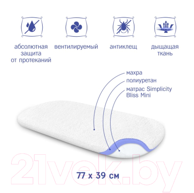 Наматрасник в кроватку Simplicity Bliss Mini 77x39 (белый)