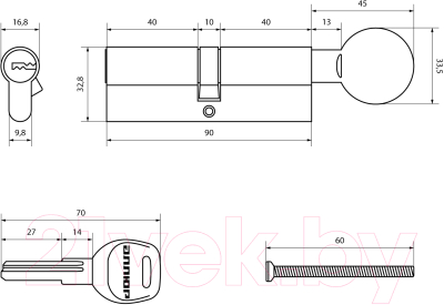 Цилиндровый механизм замка Аллюр HD FG 90-5K BP вертушка перфорированный ключ (латунь)