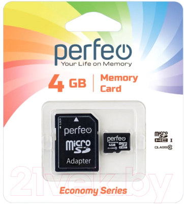 Карта памяти Perfeo MicroSDHC 4GB (Class 10) + адаптер / PF4GMCSH10AES