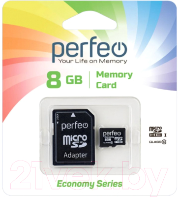Карта памяти Perfeo MicroSDHC 8GB (Class 10) + адаптер / PF8GMCSH10AES