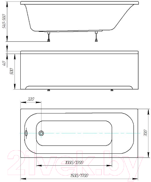 Ванна акриловая Aquatek Лугано 170x70 / LUG170-0000001